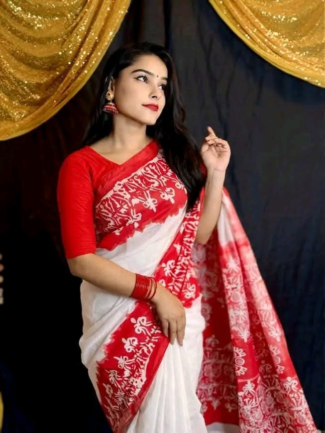Half Silk Screen Print Sharee – Premium 12 Haath Saree | Driver Fashion